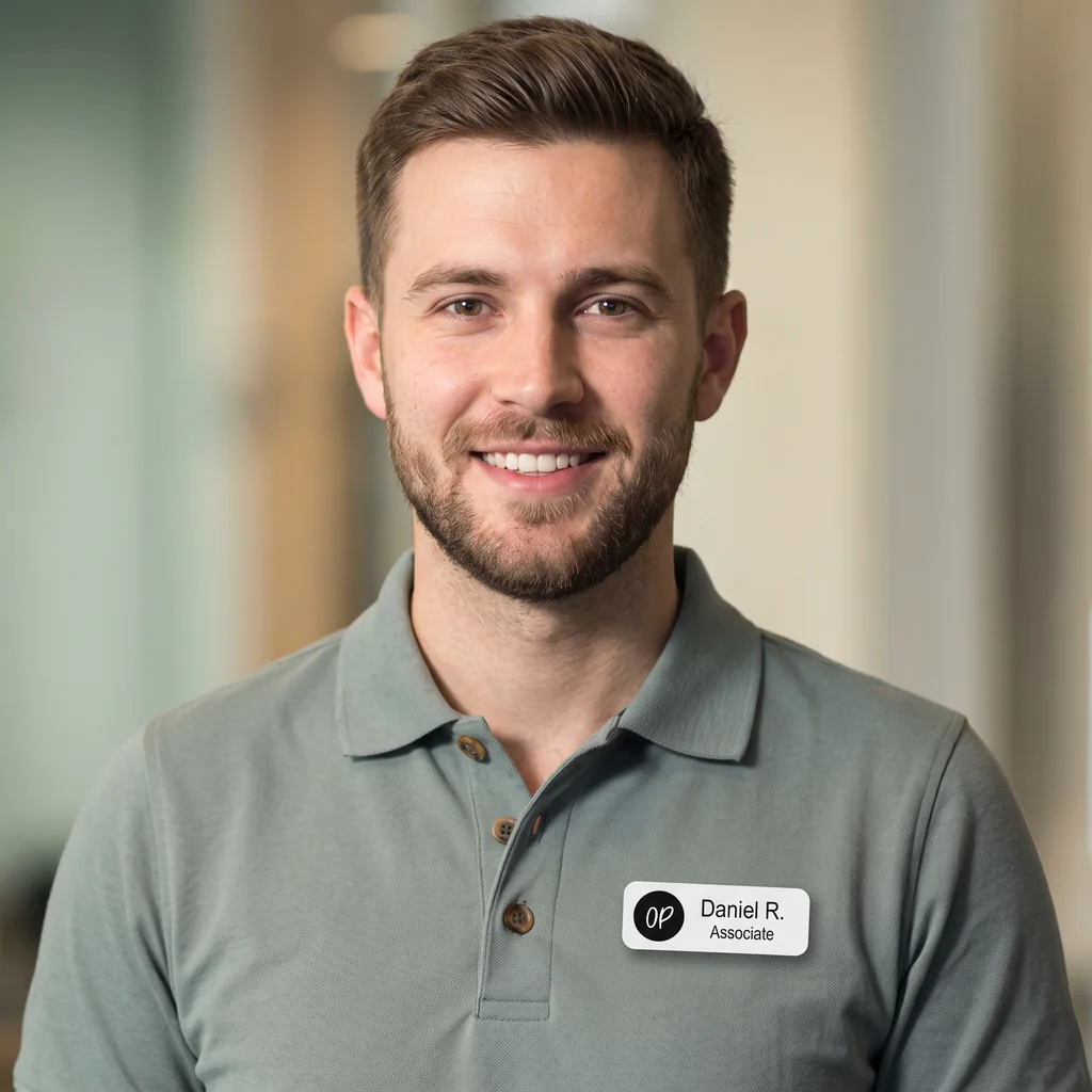 A team member at the time clock, wearing their name tag — the clock-in photo a manager reviews
